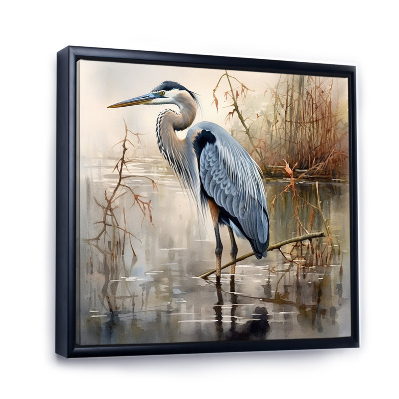 «Graceful Heron Waterbird IV - Heron», art mural, H 30 po x l 30 po, Reproduction avec cadre flottant, Noir