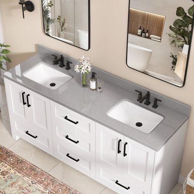 66 In. W X 22 In. D Cultured Marble Gray Rectangular Right Double Sink Bath Vanity Top With Backsplash Countertop With 3 Predrilled Faucet Holes