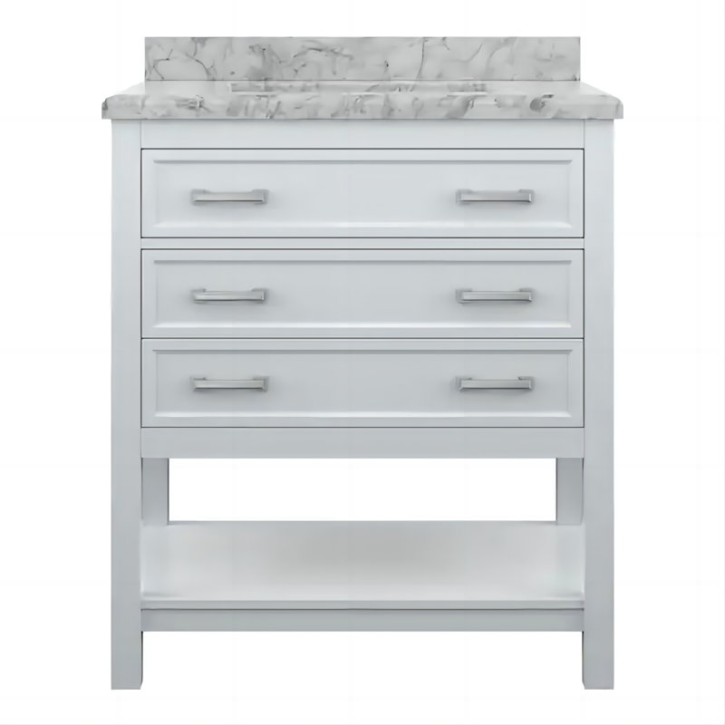 Meuble-lavabo simple autoportant Sobhi de 31 po avec dessus en marbre véritable et lavabo en céramique, blanc, Blanc