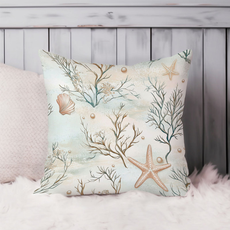 Housse de coussin pour plage et côtes, Carré 20 po, Beige / bleu nautique / plage 4