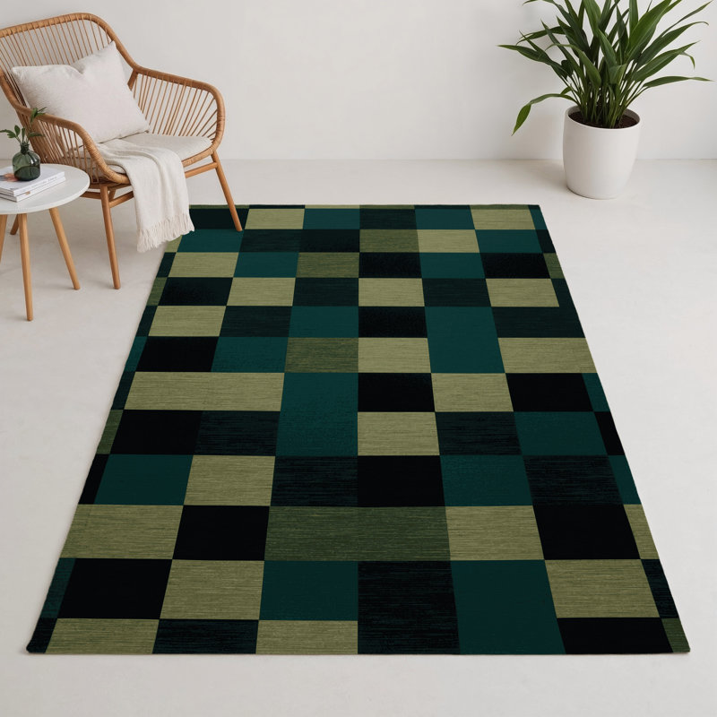 Checkered Green Indoor and Outdoor Area Rug, Rectangle 3' x 5'