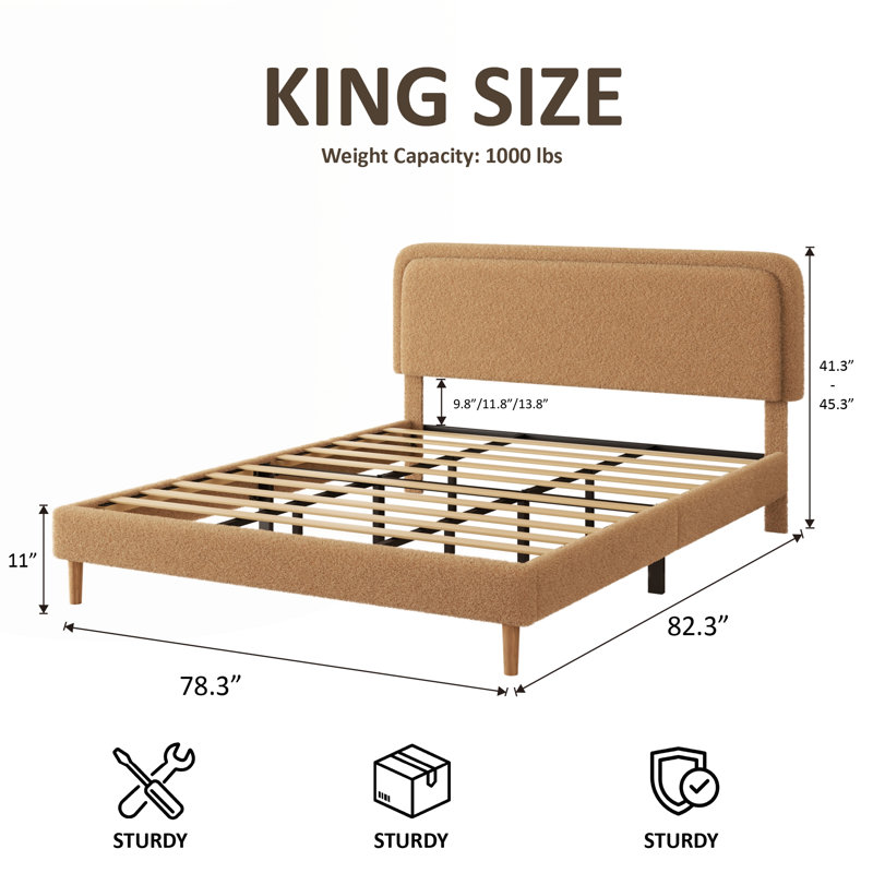 Structure de très grand lit, lit plateforme rembourré moelleux avec tête de lit réglable en hauteur, structure robuste et conception silencieuse, compatible avec les matelas sans ressorts, facile à assembler