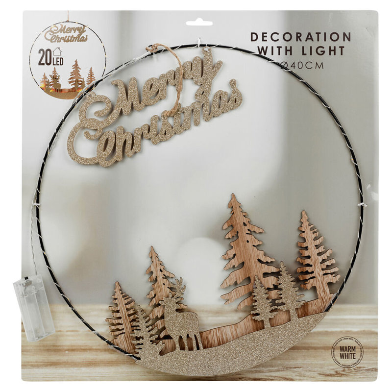 Hanging Circle 20 Warm White LED Lights Hoop Merry Christmas Decoration 40cm