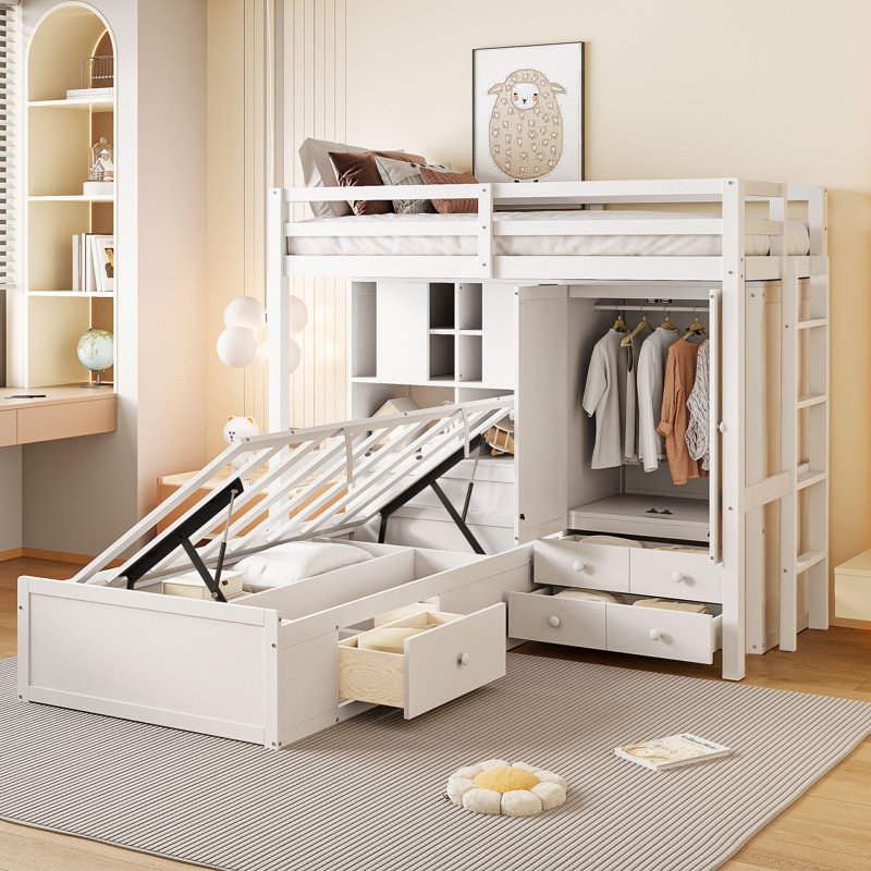 Lit superposé simple avec tiroirs, garde-robe, tablettes de rangement et lit hydraulique, blanc, Blanc