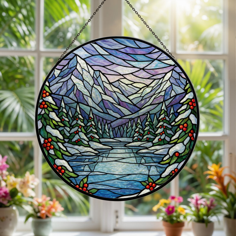 Panneau de vitrail 12 "H Winter Landscape, H 12 po x l 12 po