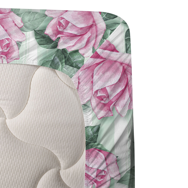 Ambesonne Watercolor Botany Sheet Set 4 Pcs Retro Boho Bloom, Pastel Pink Jade Green Floral