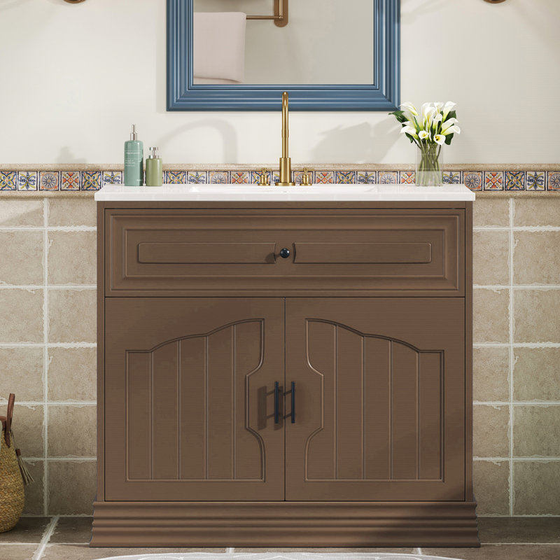 Meuble-lavabo simple 36 po avec lavabo en céramique, Brun