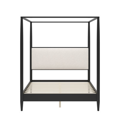 Cadre de style Mid-Century en bois massif avec auvent en bois massif avec tête de lit tapissier Boucle, plateforme à 4 affiches Olessia avec pieds fuselés, aucun sommier requis