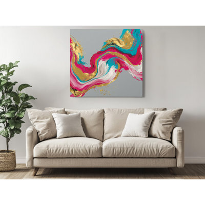 Reproduction d'art sur toile abstraite fluide, bleu sarcelle rose et marbre doré sur fond gris