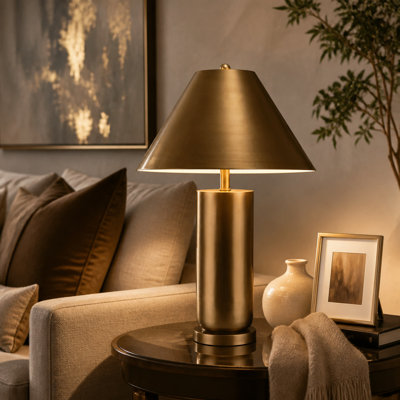 Lampe de table cylindrique avec abat-jour conique en fer pour éclairage de chevet - Petite lampe d'appoint contemporaine pour salon - 66 cm, bronze