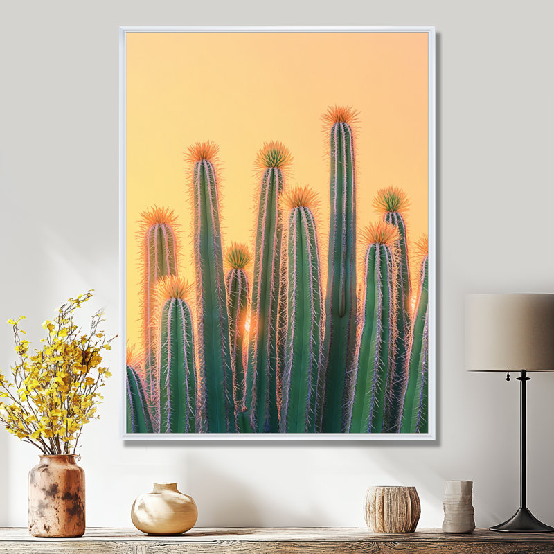 Markeitha pastel cactus au lever du soleil I - décoration murale cactus, H 20 po x l 12 po, Reproduction avec cadre flottant