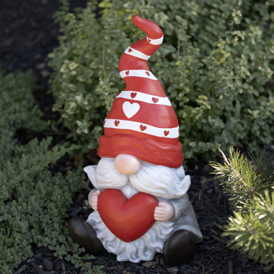Magnesium Garden Gnome Sitting Holding Big Heart with Red Hat "The Valentinos"
