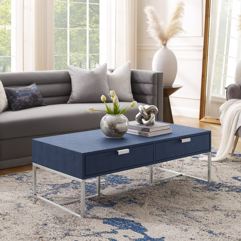 Yadira Faux Shagreen Coffee Table, Blue, Chrome