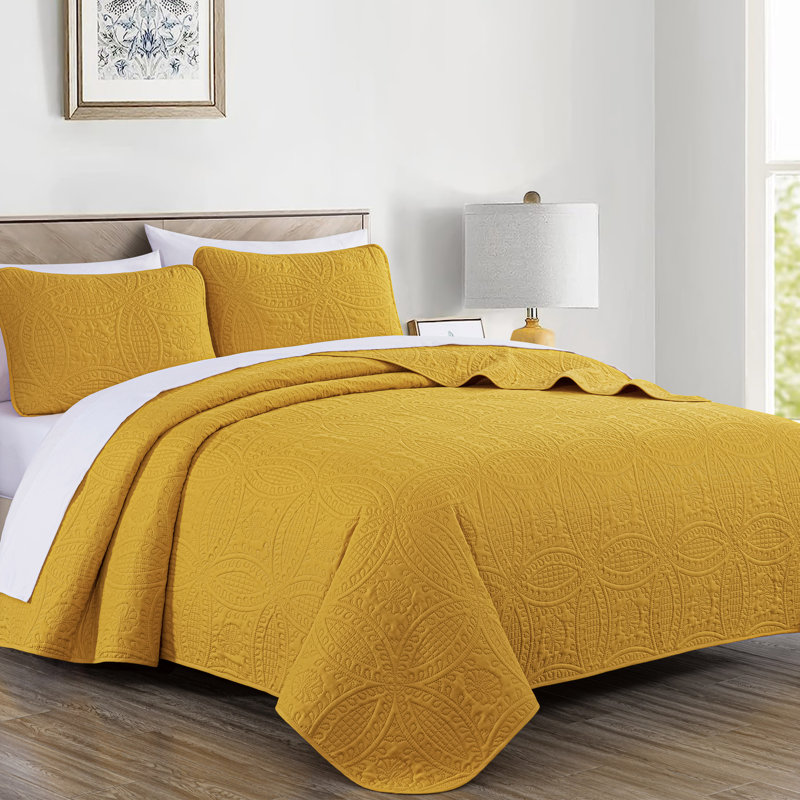 Austin Microfiber Reversible 3-Piece Coverlet / Bedspread Set, Queen Coverlet / Bedspread + 2 Standard Shams, Mustard