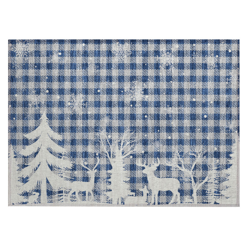 Machine Washable Indoor/Outdoor Christmas Reindeer Xhevrie Blue Rug, Rectangle 1'8" x 2'6"