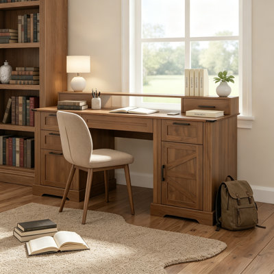Bureau d'ordinateur 59,5 pouces avec station de charge et huche pour clavier et moniteur, bureau d'étude avec tiroirs de rangement et armoire de rangement pour bureau à domicile, noyer foncé