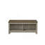 Table basse, chêne gris l 43 po avec tablettes ouvertes à l'avant et à l'arrière