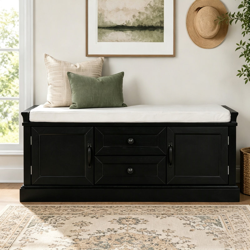 Banc de rangement avec tiroirs, armoires et coussin en velours, Noir