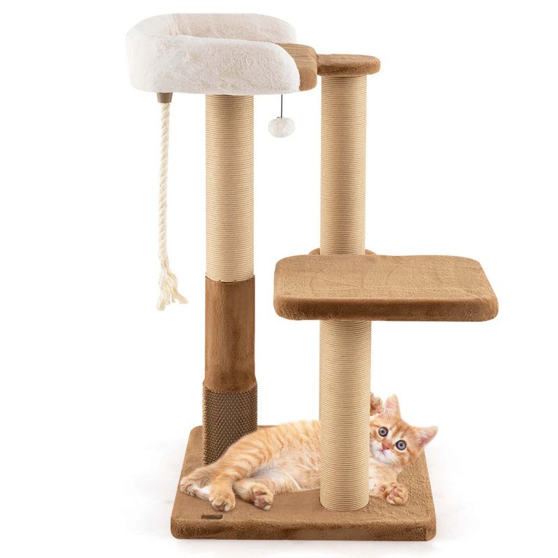 44" Caramel and White Sisal Cat Tree with Faux Fur Perch