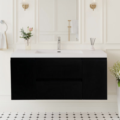 48" Floating Bathroom Vanity Modern Wall-Mounted Single Vanity with Integrated Resin Top, 2 Cabinets, 2 Soft Close Drawers, Full Assembly
