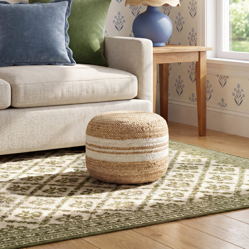 Edyth Bennison Upholstered Ottoman, White Jute
