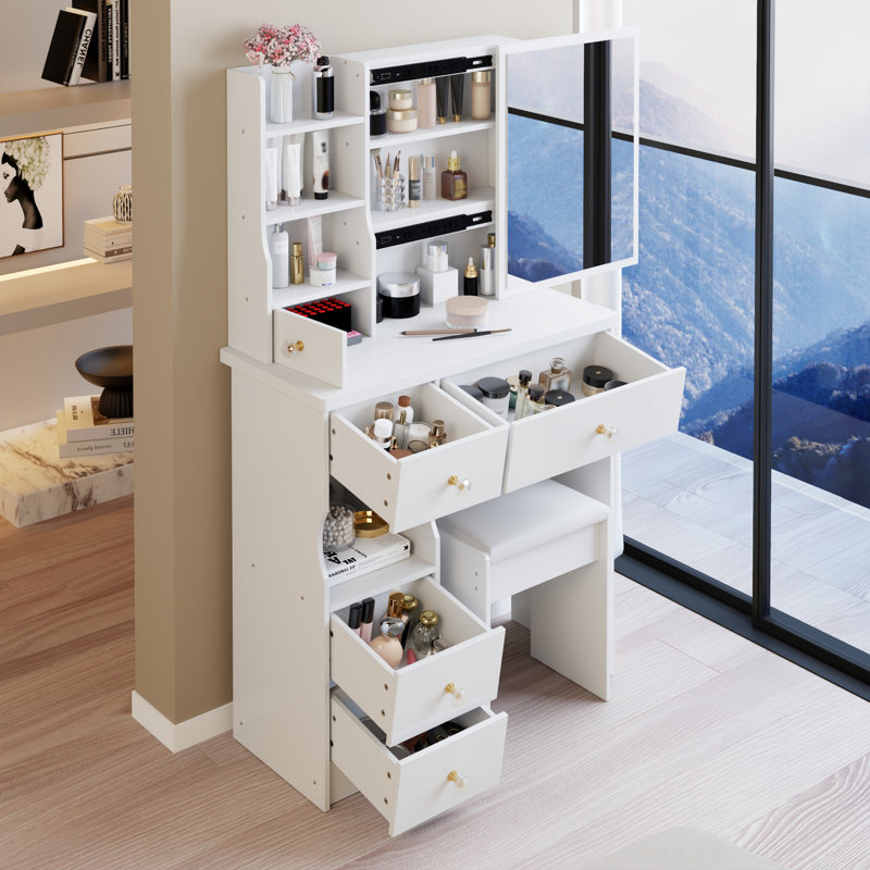 29.2-Inch Left Drawer Desktop Dressing Table + Padded Stool,Extra Large Right Sliding Mirror, White