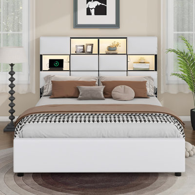 Queen Size Upholstered Platform Bed with LED, Storage and USB, Beige -  Ivy Bronx, EF91009DC9CD49A68E6BB5F0E557A4C3