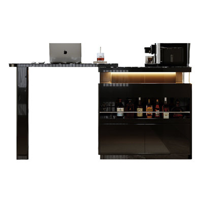 80.71" Light Luxury Black Extendable Sintered Stone Bar Cabinet with LED Light and Integrated Storage