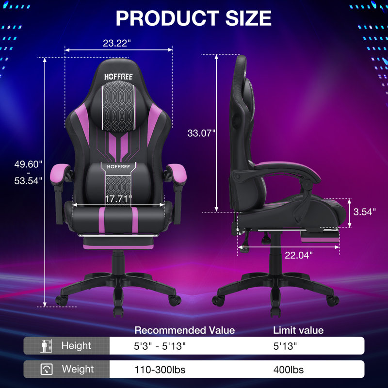  Ergonomic Gaming Chair with Speakers RGB LED Lights and Massage, Purple