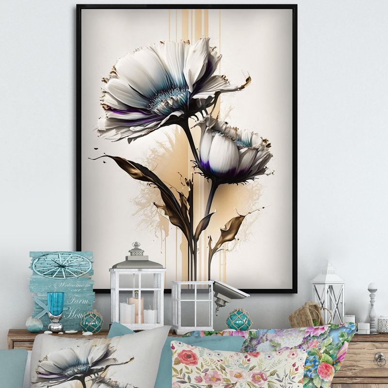 Marguerite blanche sur une peinture beige doré - impression sur toile, H 44 po x l 34 po x P 1,5 po, Cadre flottant noir