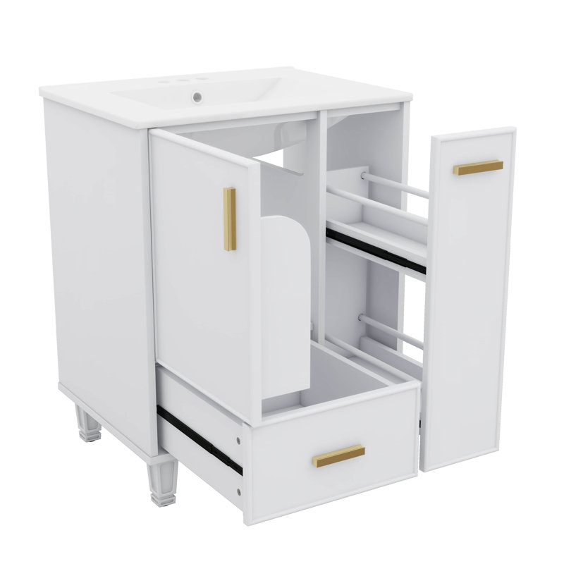 Meuble-lavabo de 24 po avec lavabo compact avec armoire de salle de bain, tablette de porte, tiroir profond et panier coulissant à 2 niveaux
