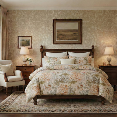 100% Cotton Duvet Cover Queen Size – Hydrangea Lily Floral Duvet Cover Set with Zipper Closure & Corner Ties, 3-Piece Silky Soft & Breathable Apricot Bedding Set for All Seasons