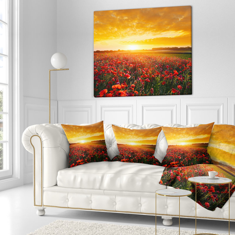 Champ de coquelicots sous le soleil ardent - Coussin imprimé abstrait, 16 po x 1 po, Coussin décoratif