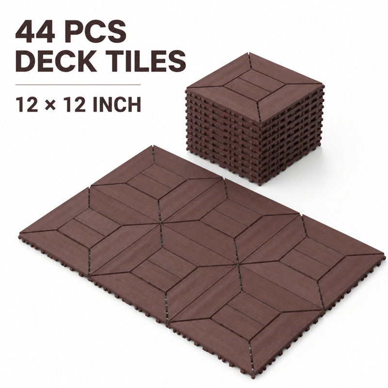 Lot de 44 dalles de terrasse emboîtables 30 x 30 cm, revêtement de sol en polypropylène (PP) à monter soi-même, protection de sol robuste pour l'intérieur et l'extérieur (piscine, jardin, porche), installation facile par simple emboîtement, brun