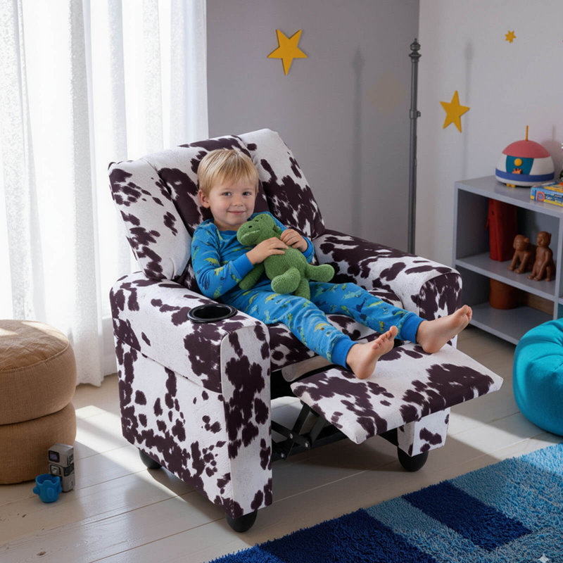 Kids Recliner with Cup Holder with Adjustable Backrest & Footrest Zebra, Black/White Animal Print