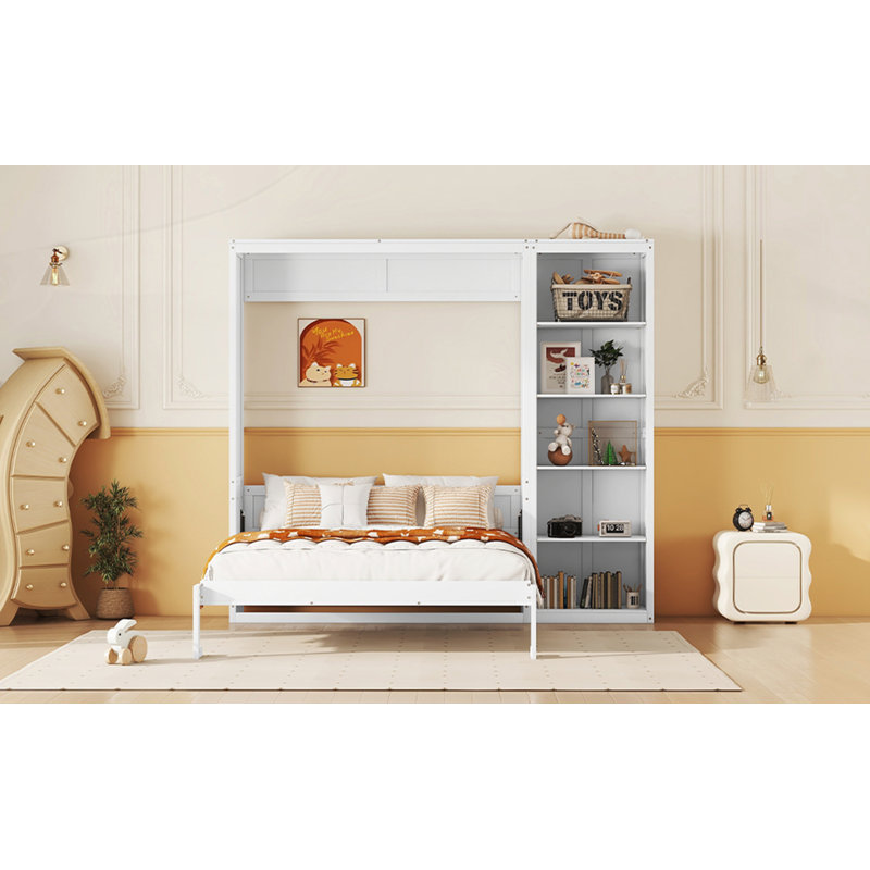 Lit escamotable multifonctionnel avec tablettes, Double, Blanc