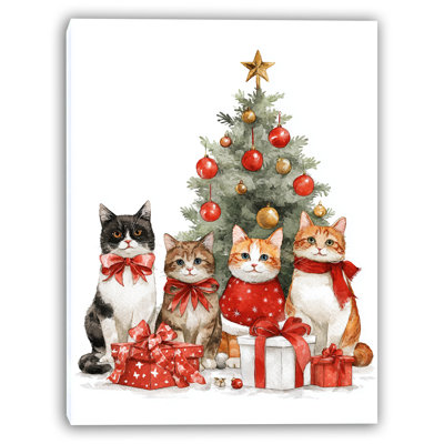 Christmas Cats at the Tree Wrapped Canvas Wall Art