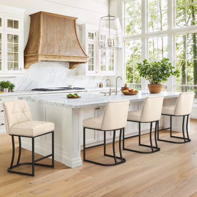 Upholstered 24'' Modern Barrel Counter Stools With Metal Frame
