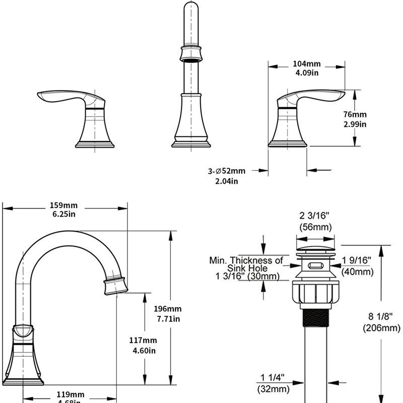 Robinet de lavabo de salle de bain noir mat 8 po - 2 poignées, 3 trous, bec pivotant à 360 °, matériau de grattage, écoénergétique, option d'installation sans effort 2 grattoirs - construction, économie, processus simple