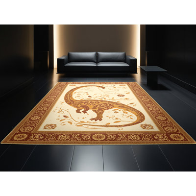 Tapis oriental classique beige délavé à la machine Osazee Brachiosaurus