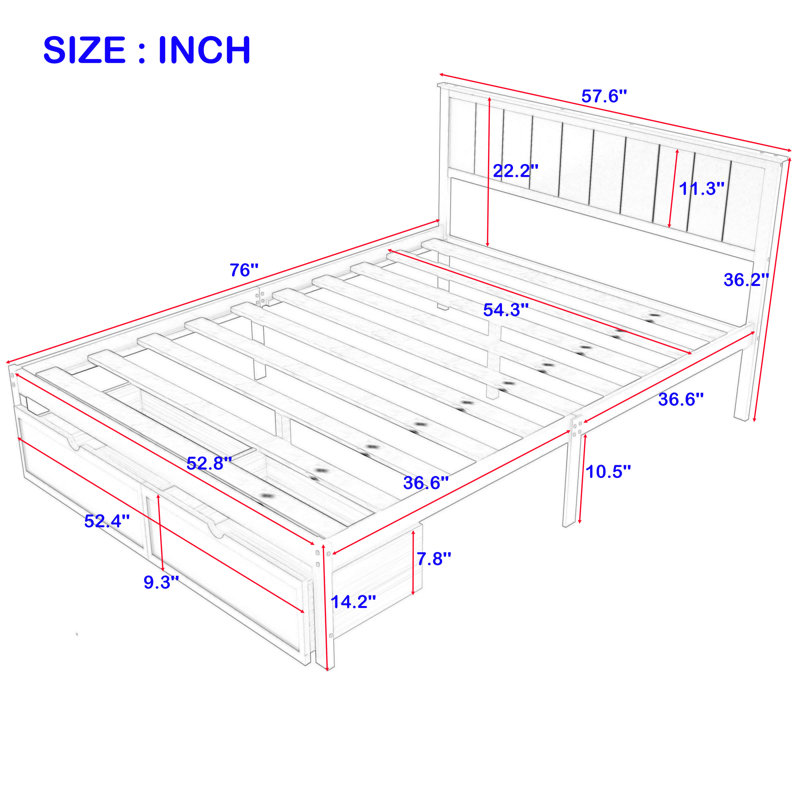 Wooden Platform Bed with Storage Drawer and Headboard, Full, White