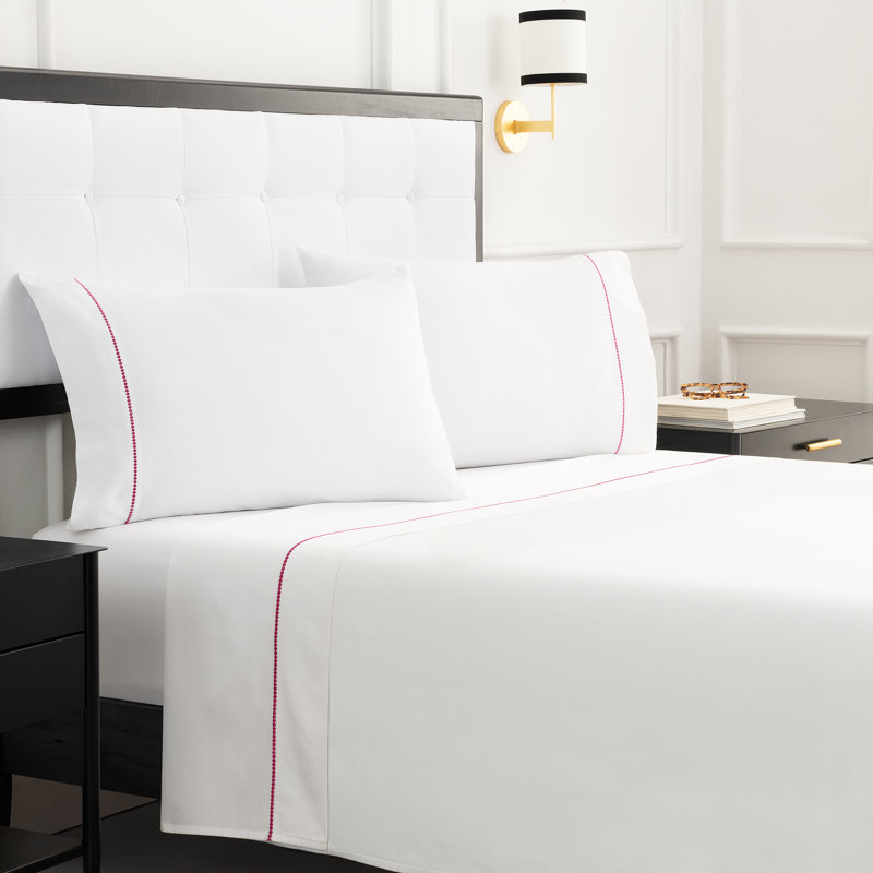 kate spade new york Dot Queen Sheet Set, 300 Thread Count and 100% Cotton, All Season 4 Piece Bedding Set, White and Pink