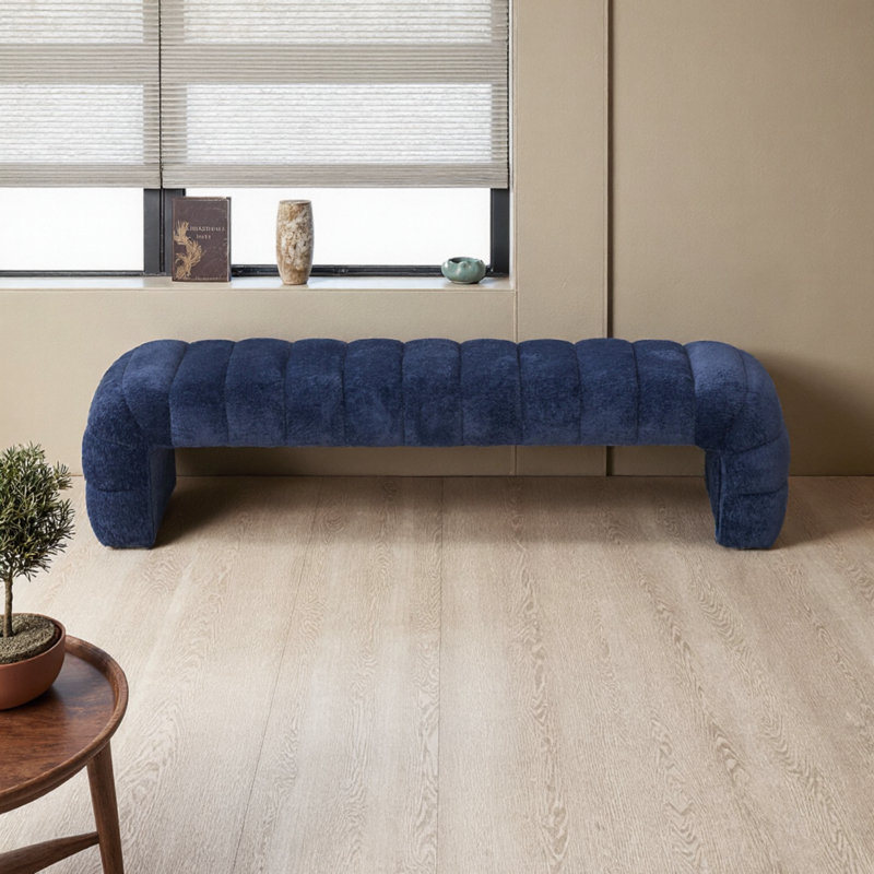 70" Wide Modern Upholstered Daybed Bench With Channel Tufting – Chenille Chaise & Foot Stool For Bedroom Or Living Room, Navy