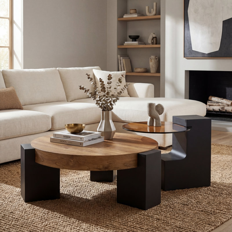 Table basse à double couche ronde avec plateau en verre brun transparent, conception moderne avec pieds en MDF noir en L et rangement flexible amovible