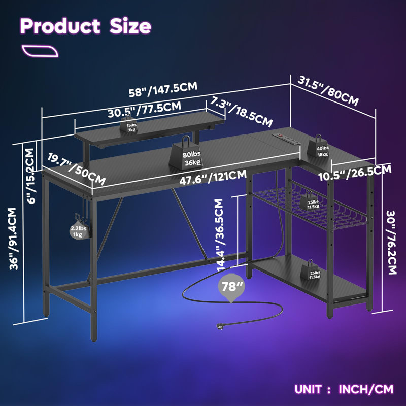 L-Shaped Metal Base Computer Desk with Power Outlet, Carbon Fiber Black