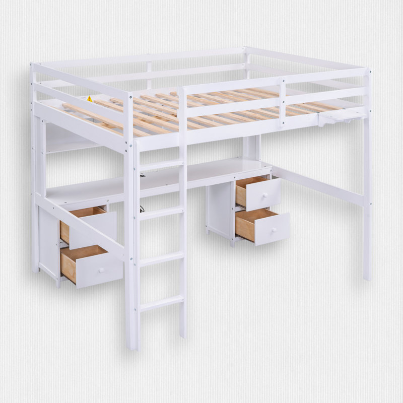 Loft Bed With Built-In Desk, Bookcase, Usb, Full Size, White