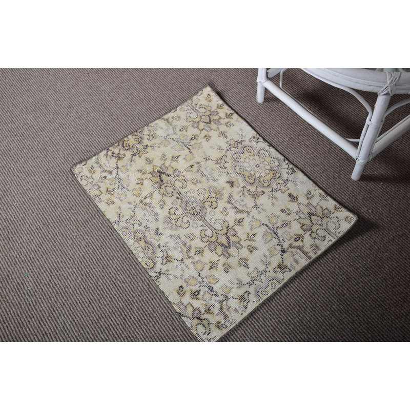 Vintage Small Beige Turkish Oushak Rug with Geometric Patterns Ideal for Door Entry Mat