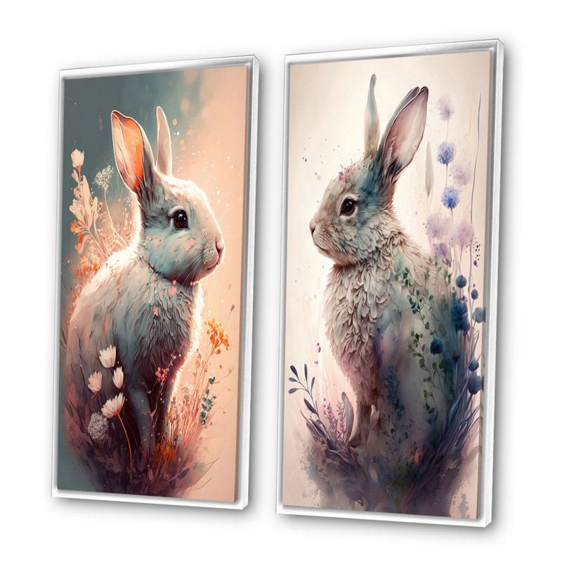 «Cute Rabbit Floral», 2 pièces sur toile, Cadre blanc, H 20 po x l 24 po