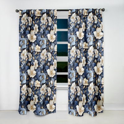 White Blue Nightfall Floral Elegance I - Floral Curtain - Velvet Room darkening - 1 panel