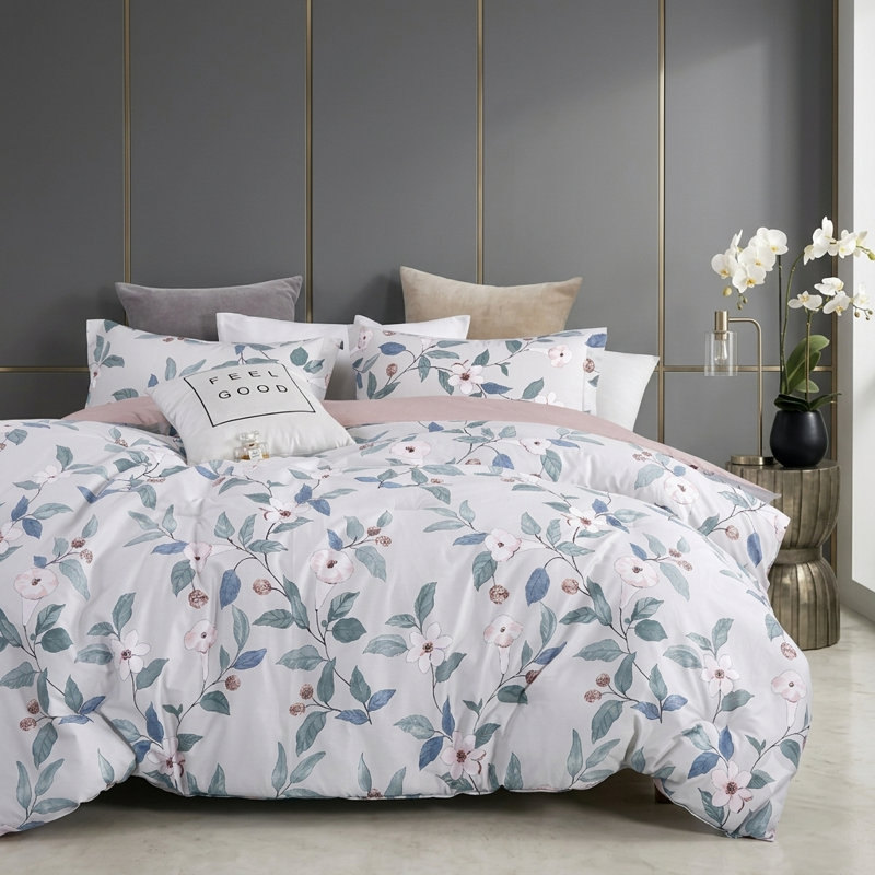 Cotton Twill Floral Comforter, Queen Comforter + 2 Standard Shams, Gray/Green/Red